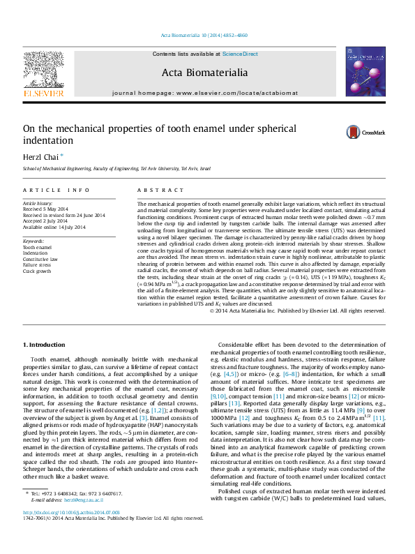 (PDF) On the mechanical properties of tooth enamel under spherical ...