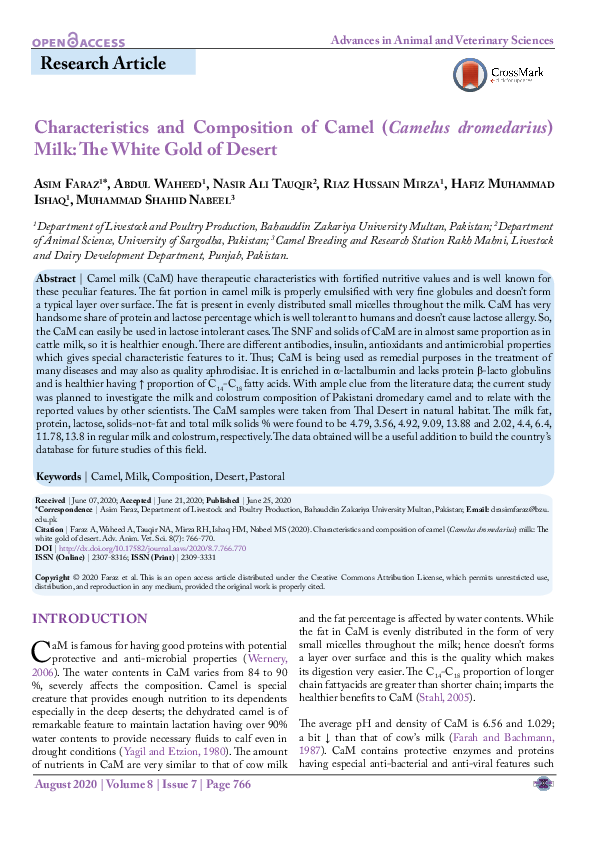 (PDF) Characteristics and Composition of Camel (Camelus dromedarius ...