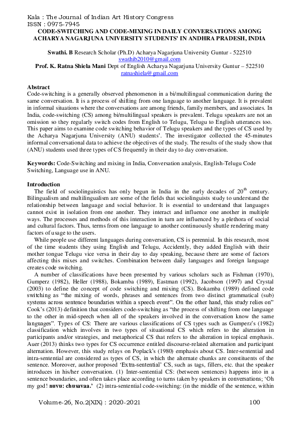 (PDF) CODESWITCHING AND CODEMIXING IN DAILY CONVERSATIONS AMONG ACHARYA NAGARJUNA UNIVERSITY