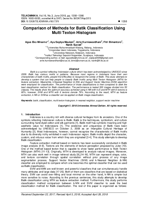 (PDF) Comparison of Methods for Batik Classification Using Multi Texton ...