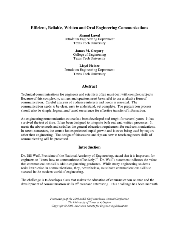 (PDF) Efficient, Reliable, Written and Oral Engineering Communications