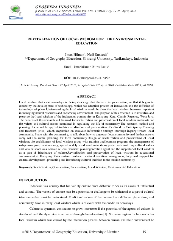 (PDF) Revitalization of Local Wisdom for the Environmental Education
