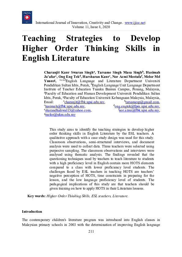 (PDF) Teaching Strategies to Develop Higher Order Thinking Skills in ...