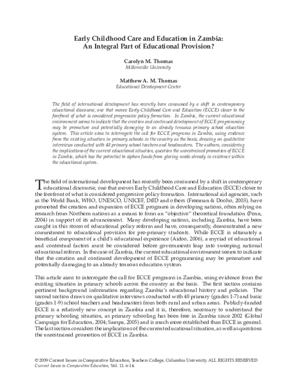 (PDF) Early Childhood Care and Education in Zambia An Integral Part of Educational Provision