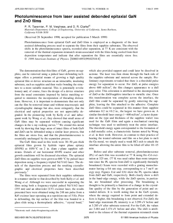 (PDF) Photoluminescence from laser assisted debonded epitaxial GaN and ...