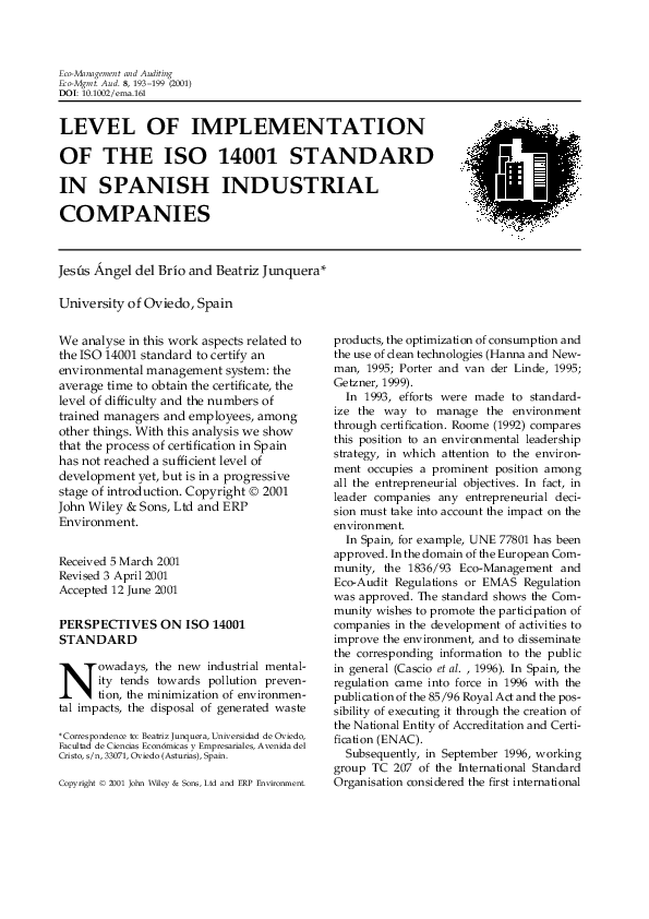 (PDF) Level of implementation of the ISO 14001 standard in Spanish ...