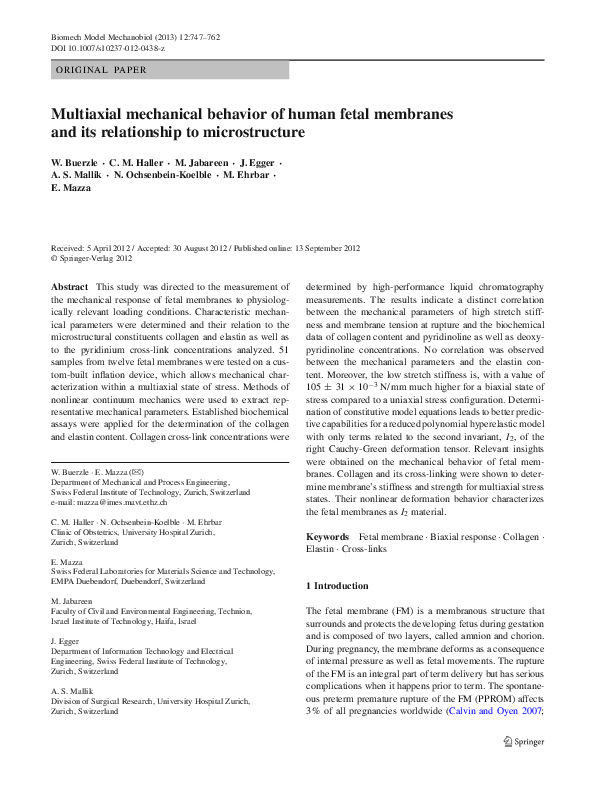 (PDF) Multiaxial mechanical behavior of human fetal membranes and its ...