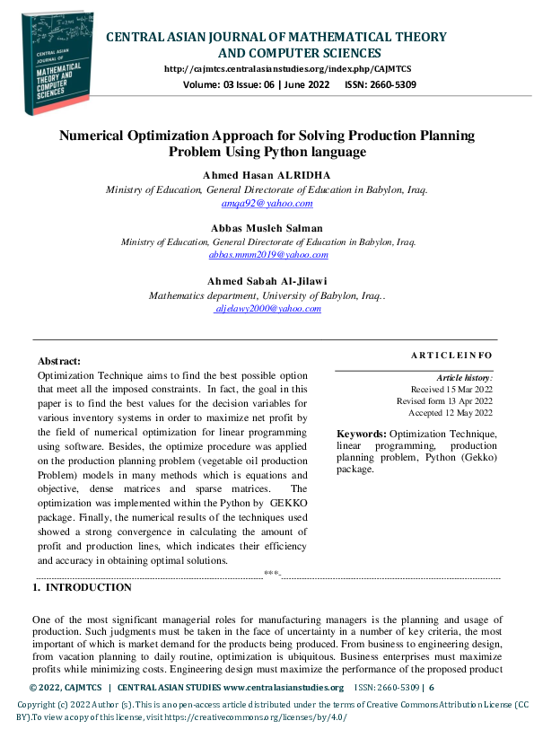 (PDF) Numerical Optimization Approach for Solving Production Planning ...