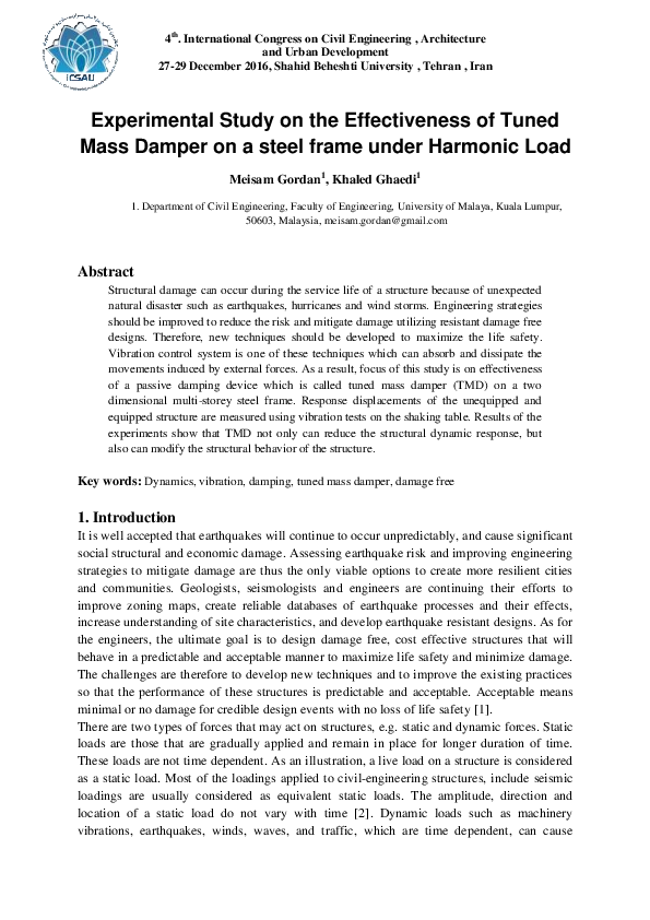 (PDF) Experimental Study on the Effectiveness of Tuned Mass Damper on a ...