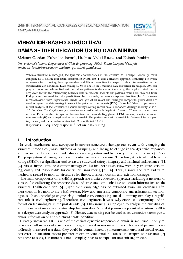 (PDF) Vibration-Based Structural Damage Identification Using Data Mining