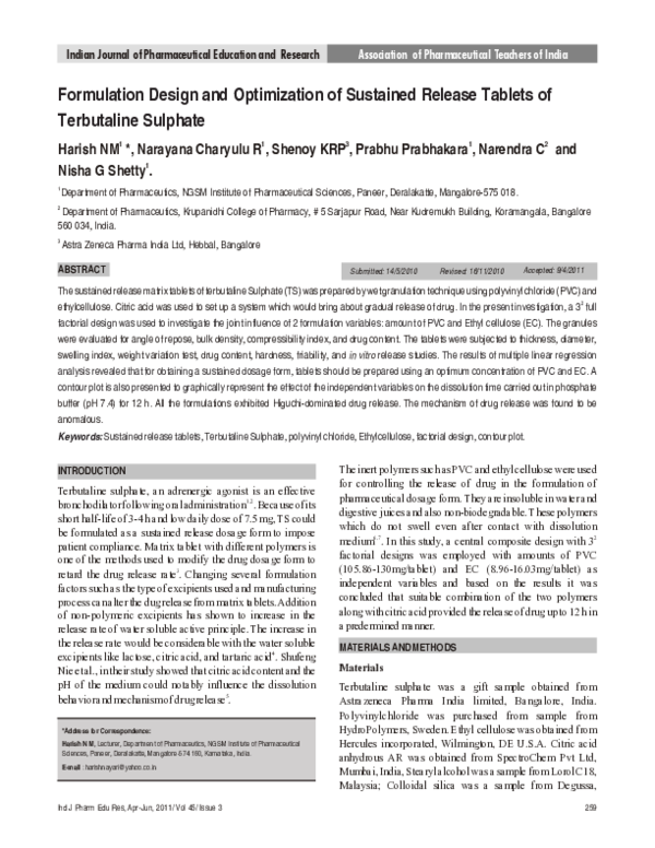 (PDF) Formulation Design and Optimization of Sustained Release Tablets ...