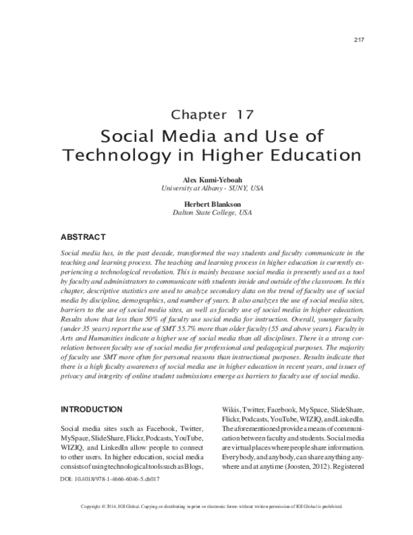 (PDF) Social Media and Use of Technology in Higher Education
