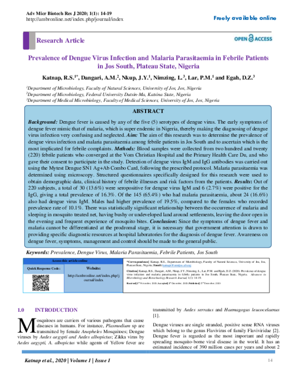 (PDF) Prevalence of Dengue Virus Infection and Malaria Parasitaemia in ...