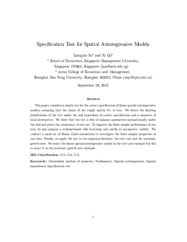 (PDF) Specification Test for Spatial Autoregressive Models