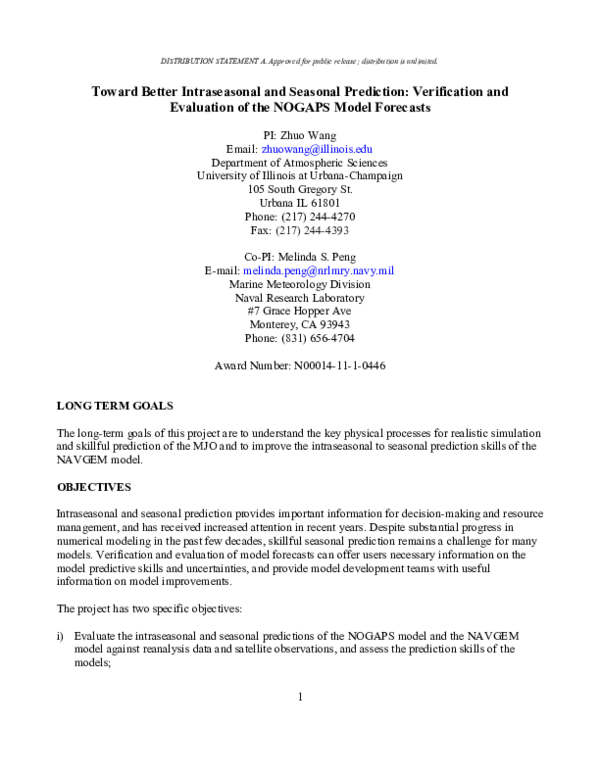 (PDF) Toward Better Intraseasonal and Seasonal Prediction: Verification ...