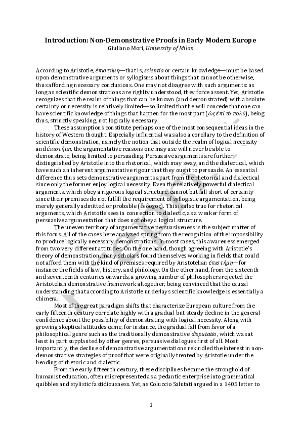 (PDF) Introduction: Non-Demonstrative Proofs in Early Modern Europe