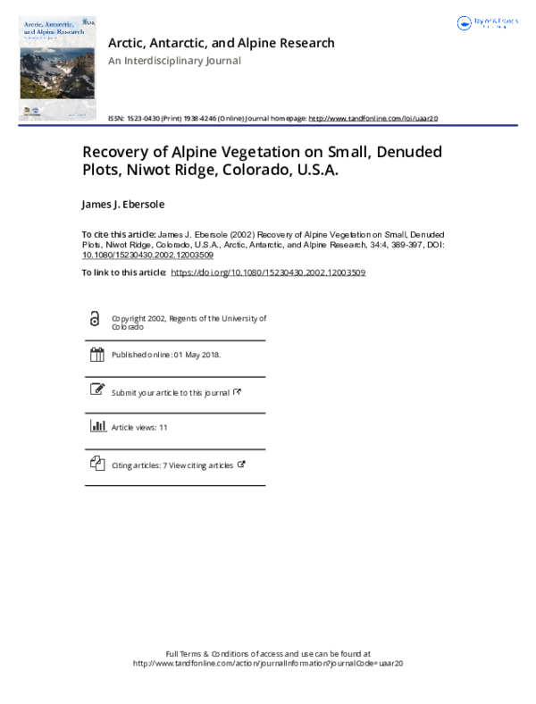(PDF) Recovery of Alpine Vegetation on Small, Denuded Plots, Niwot ...