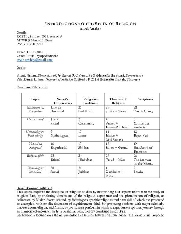 (PDF) Syllabus Introduction to the Study of Religion (intensive summer course)