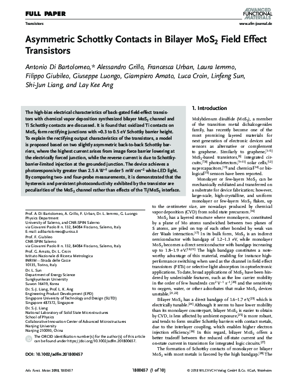 (PDF) Asymmetric Schottky Contacts in Bilayer MoS2 Field Effect Transistors