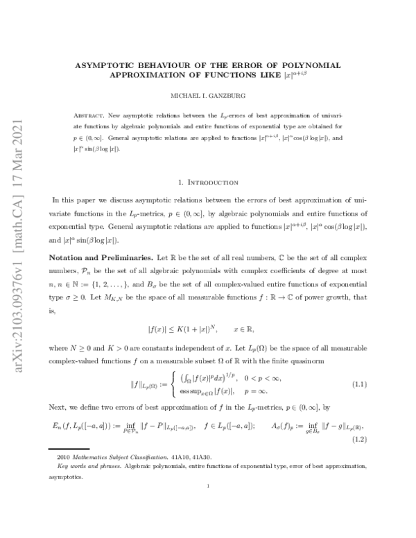(PDF) Asymptotic Behaviour of the Error of Polynomial Approximation of ...