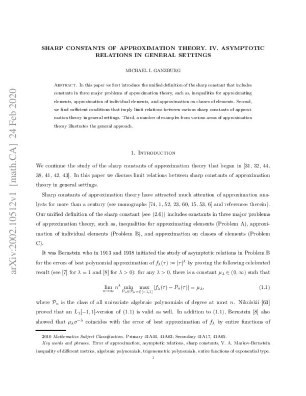 (PDF) Sharp Constants of Approximation Theory. IV. Asymptotic Relations ...