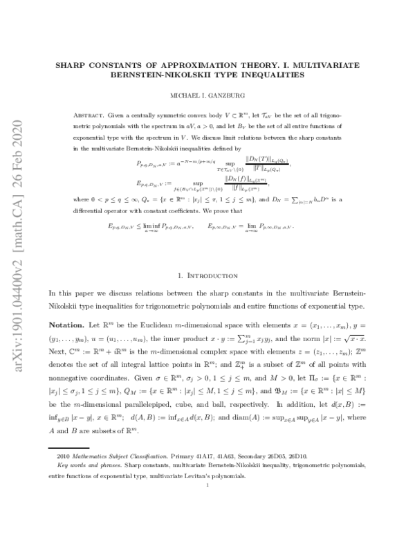 (PDF) Sharp Constants of Approximation Theory. I. Multivariate ...