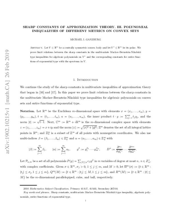 (PDF) Polynomials and Constants in Approximation Theory on Convex Sets