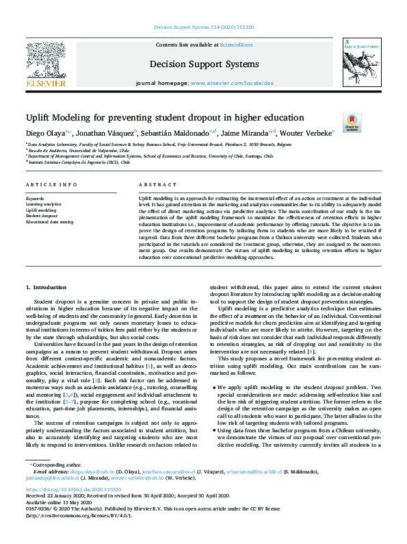(PDF) Uplift Modeling for preventing student dropout in higher education