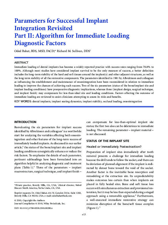 (PDF) Parameters for Successful Implant Integration Revisited Part II ...