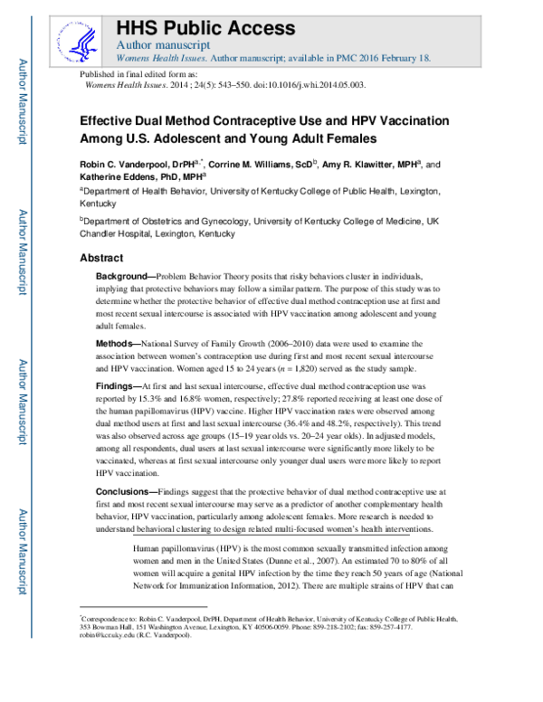 (PDF) Effective dual method contraceptive use and HPV vaccination among ...