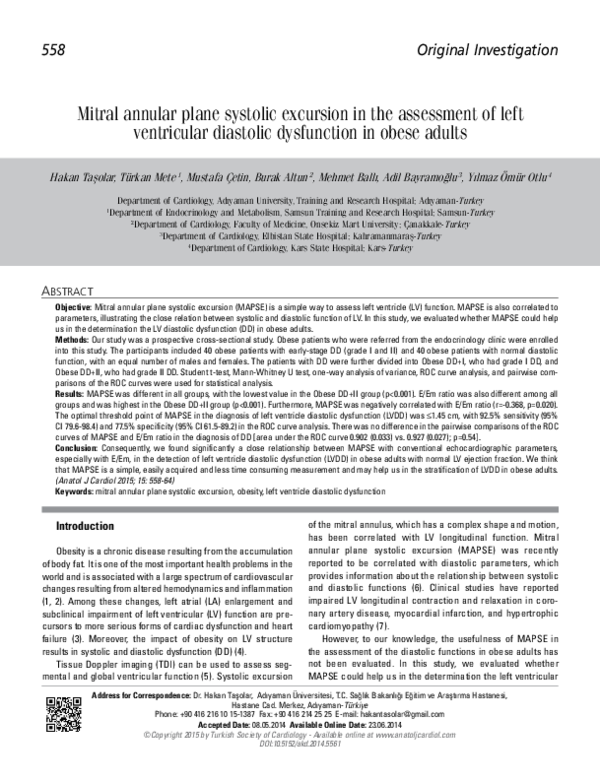 (PDF) Mitral annular plane systolic excursion in the assessment of left ...