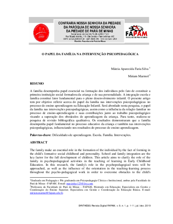 (PDF) O Papel Da Familia Na Intervencao Psicopedagogica
