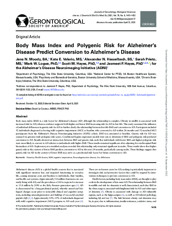 (PDF) Body Mass Index and Polygenic Risk for Alzheimer’s Disease ...