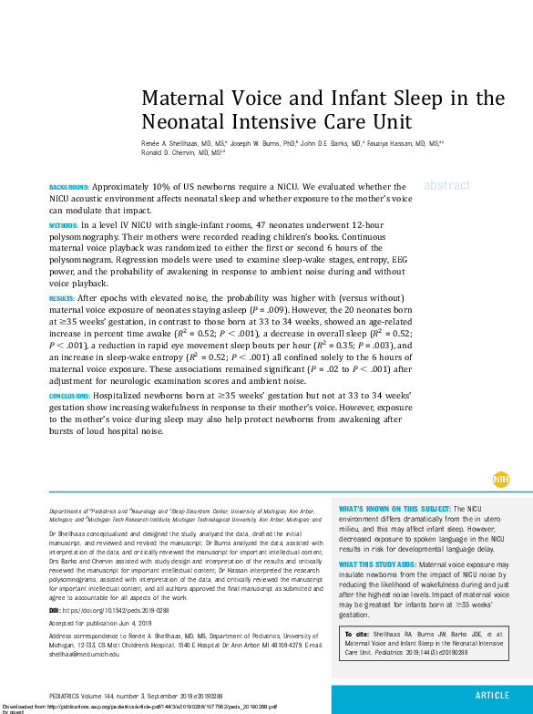 (PDF) Maternal Voice and Infant Sleep in the Neonatal Intensive Care Unit