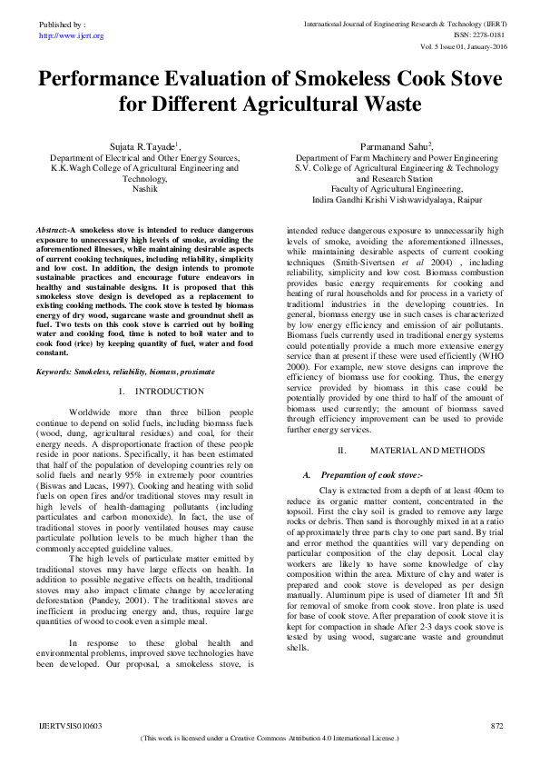 (PDF) Performance Evaluation of Smokeless Cook Stove for Different ...