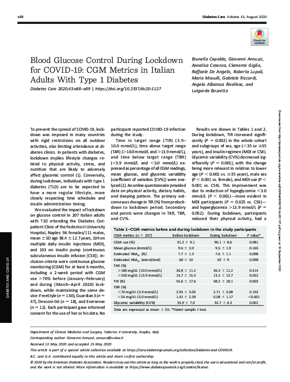 Blood Glucose Control During Lockdown for COVID-19: CGM Metrics in Italian Adults With Type 1 Diabetes