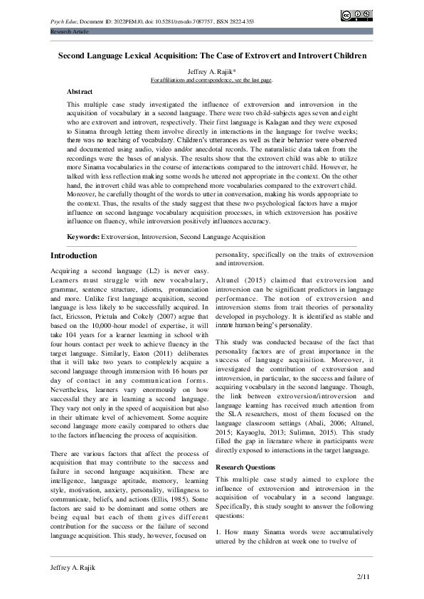 (PDF) Second Language Lexical Acquisition: The Case of Extrovert and ...
