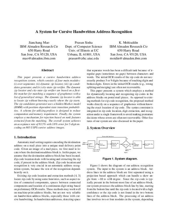 (PDF) A system for cursive handwritten address recognition