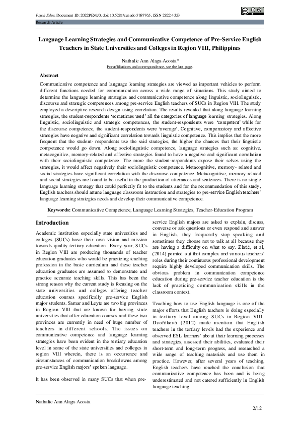 (PDF) Language Learning Strategies and Communicative Competence of Pre ...