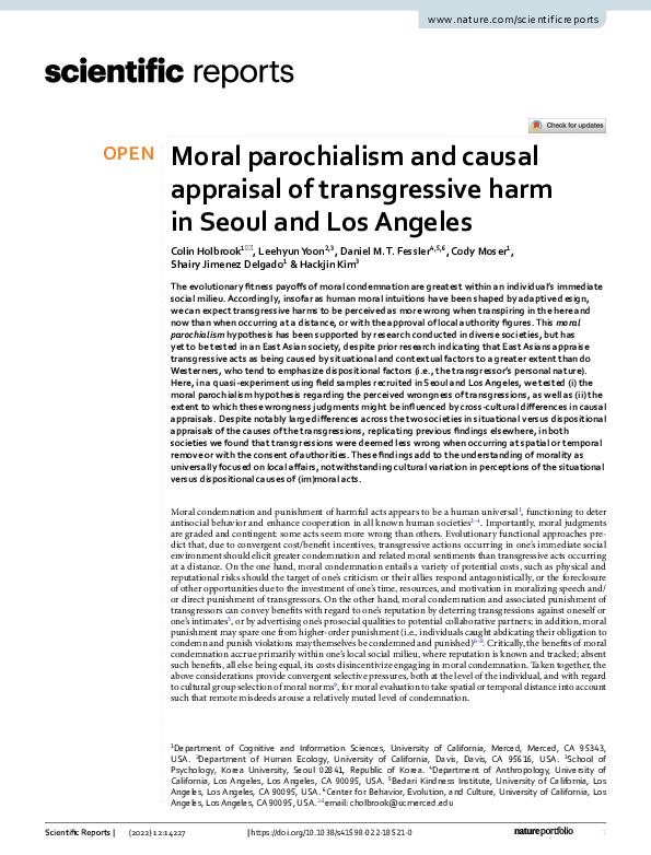 (PDF) Moral parochialism and causal appraisal of transgressive harm in ...
