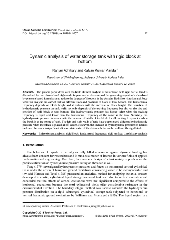 (PDF) Dynamic analysis of water storage tank with rigid block at bottom