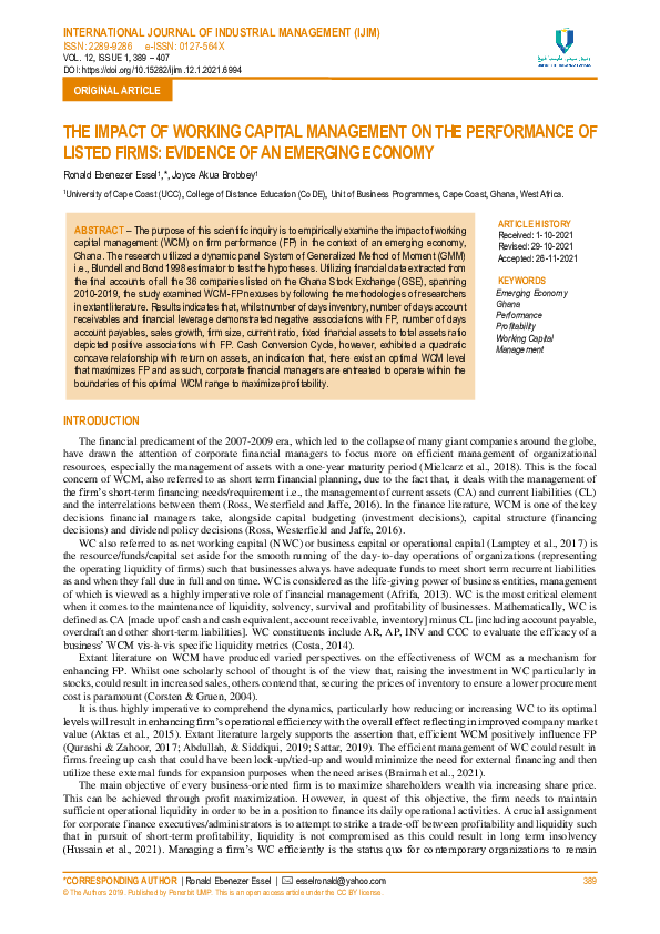 (PDF) The Impact of Working Capital Management on the performance of ...