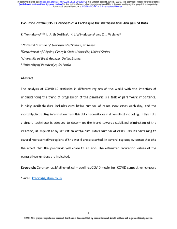 (PDF) Evolution of the COVID Pandemic: A Technique for Mathematical ...