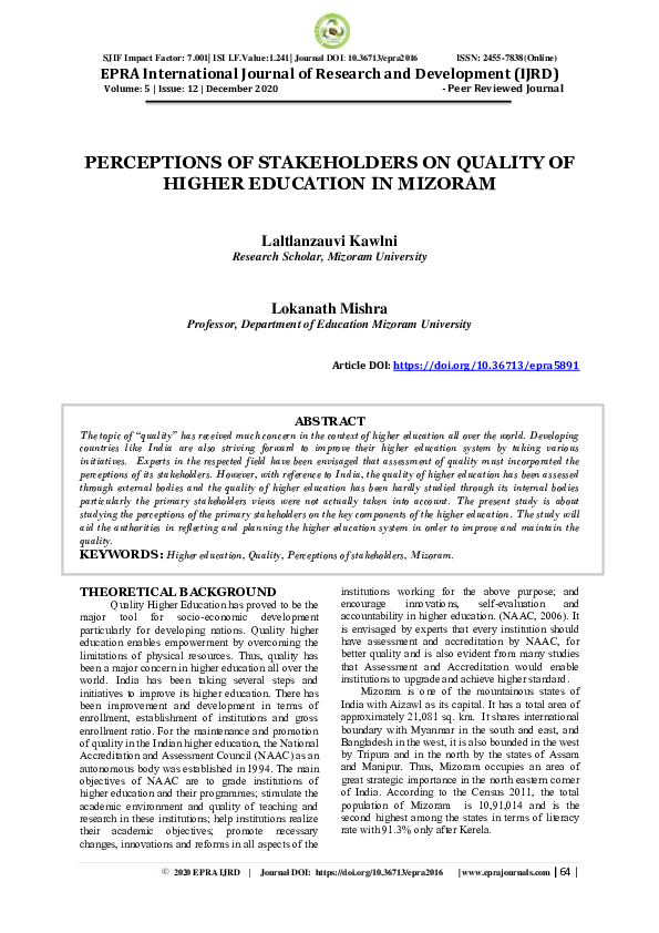 (PDF) Perceptions of Stakeholders on Quality of Higher Education in Mizoram