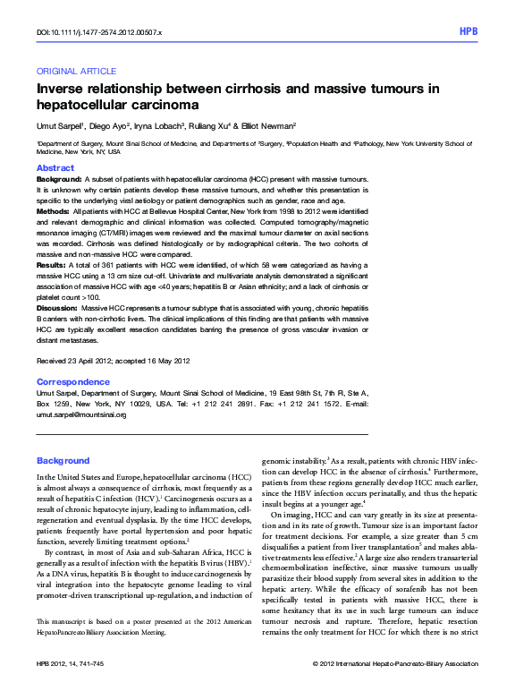 Pdf Inverse Relationship Between Cirrhosis And Massive Tumours In