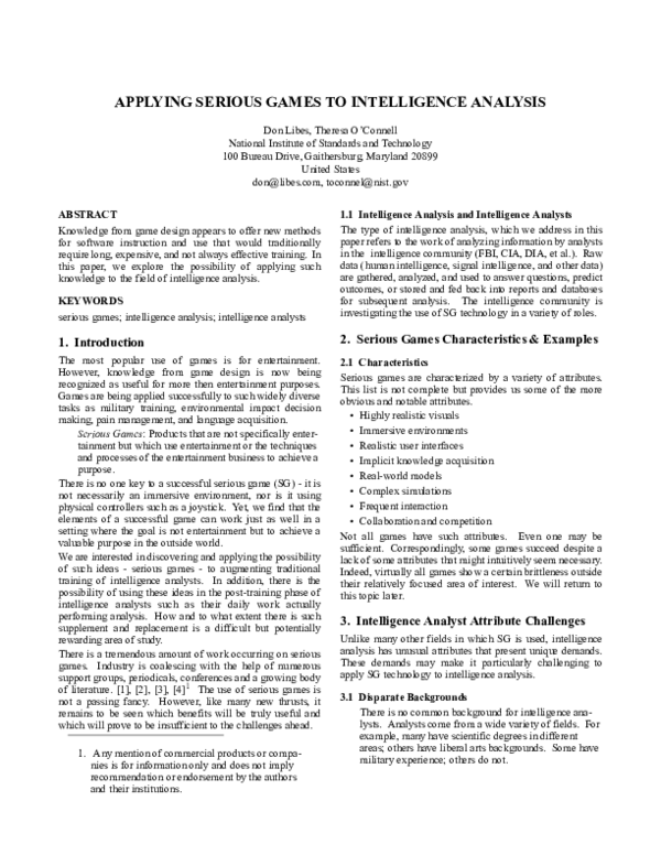 (PDF) Applying serious games to intelligence analysis