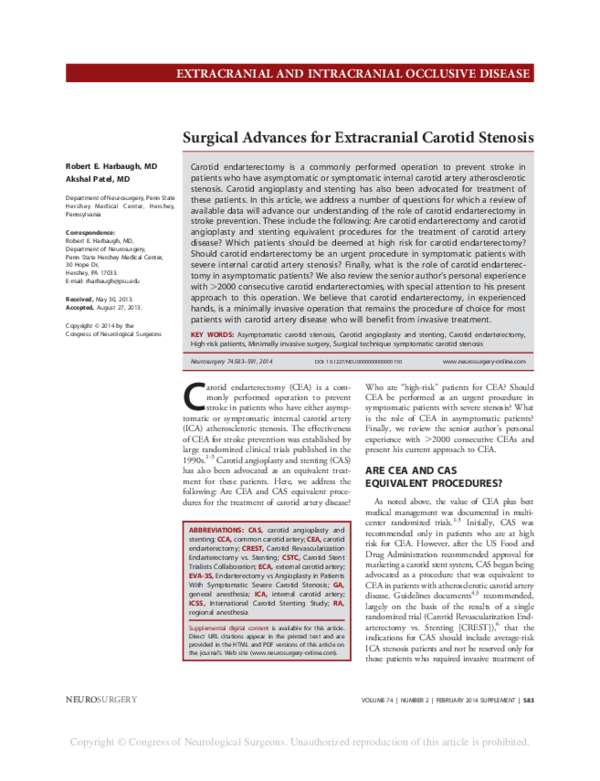 (PDF) Surgical Advances for Extracranial Carotid Stenosis