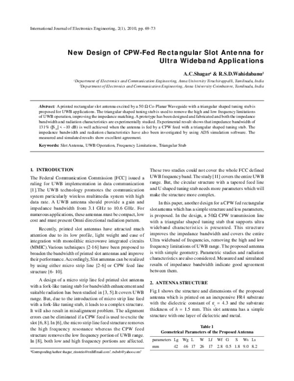 (PDF) New design of CPW-fed rectangular slot antenna for ultra wideband ...