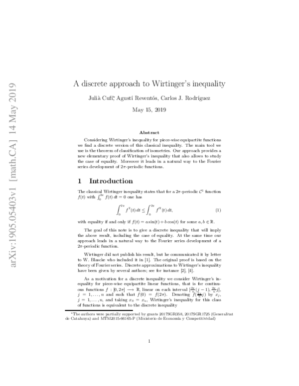 (PDF) A discrete approach to Wirtinger's inequality