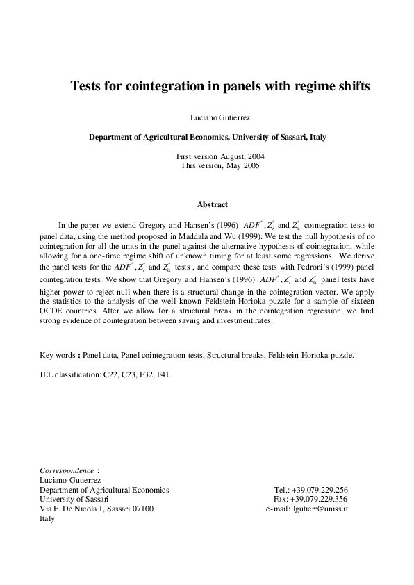 (PDF) Tests for cointegration in panels with regime shifts
